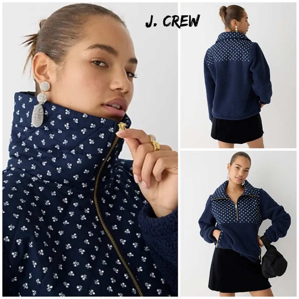 J. Crew Quilted Sherpa Fleece Half Zip Pullover Navy Floral Gold Zipper Medium